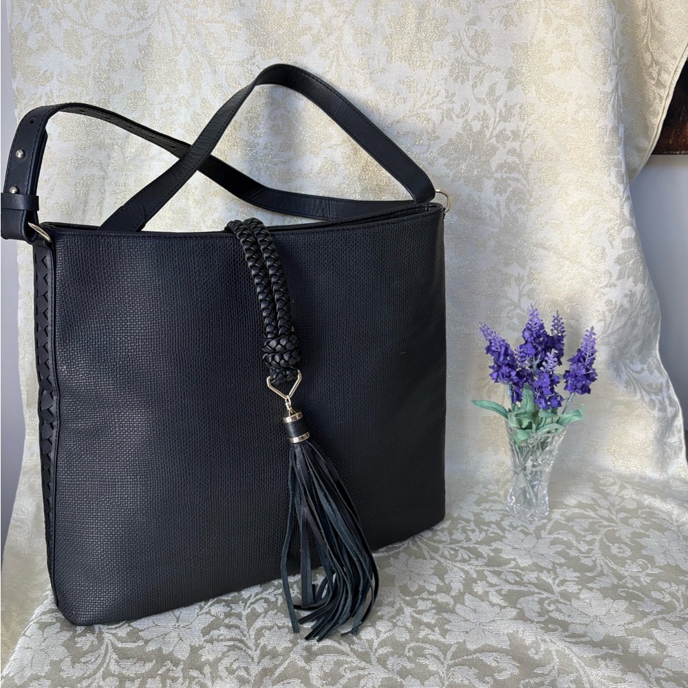 Stella & Dot Black Hayes Braided Tassel Hobo Bag